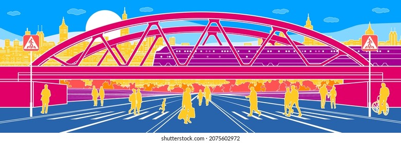 Colorful outline city Infrastructure and transport illustration. Railroad bridge. Train rides. Modern color town. People walking at street. Urban scene. Vector design art. 