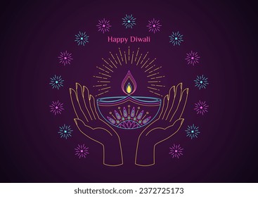 Borde colorido Diya con fuego y rayos de luz, manos de palma humanas, fuegos artificiales destellan. Lámpara de Diya colorida con patrón de flor de loto, vela de aceite de Deepavali. Feliz Diwali, Festival de las Luces en India.