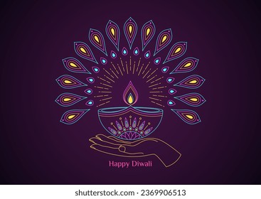 Borde colorido Diya con llama y rayos de luz, mano humana, plumas abstractas de pavo real. Lámpara de aceite de Deepavali, lámpara Diya de color con patrón de flor de loto. Feliz Diwali, Festival de las Luces en India.