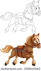 Desenho colorido e esboço de um cavalo