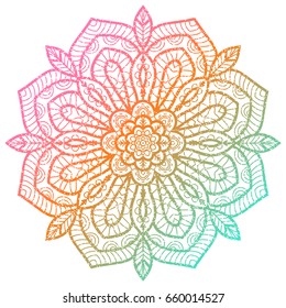 Colorful outline flower mandala. Vintage decorative element. Ornamental round doodle flower isolated on white background. Geometric circle element. Vector illustration.