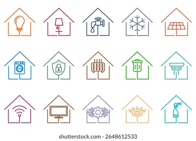 Ícone colorido do utilitário da casa do esboço definido para a gestão da casa inteligente, incluindo símbolos para a eletricidade, encanamento, aquecimento, sistemas de segurança e outros serviços residenciais