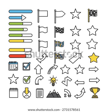Colorful and outline icons for progress bars flags stars calendar checkmarks and trophy on white background Keywords: progress bar loading bar flag checkered flag plain flag star rating star