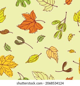 Colorful outline maple leaves in yellow background. Seamless vector pattern in hand drawing sketching style