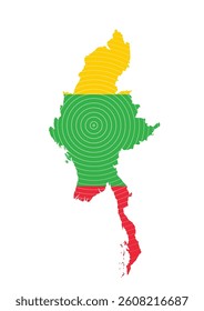 A colorful outline of Myanmar is displayed, showcasing vibrant green, red, yellow, and orange sections. Concentric circles create a pattern within the map, illustrating a sense of unity.