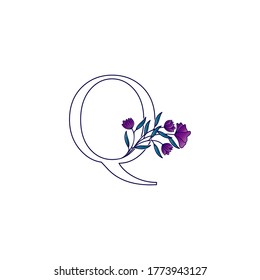 Colorful Outline Nature Flower Initial Letter Q logo icon, vector letter with hand drawn ornate nature flower template design.