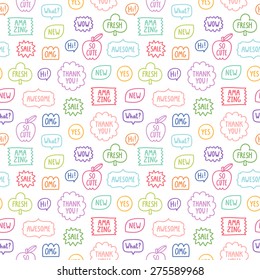 Colorful outline phrases repeat pattern on white background
