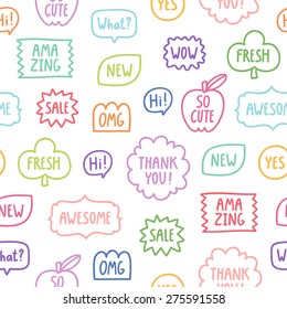 Colorful outline phrases seamless pattern on white background