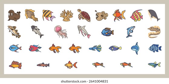 Colorful Outline Sea Creatures and Marine Animals Icons for Ocean Education