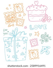 colorful outline set with cute elements, sweets and flowers for Valentine's day.