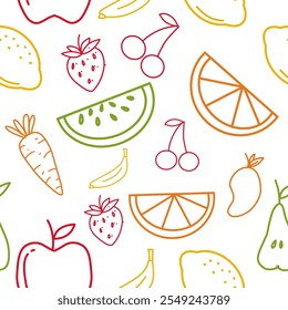 Colorful Outline sketch mixed tropical fruits seamless pattern background white vector. Vector background for packaging, printing, wallpaper, fabrics, papers. Hand-drawn watermelon. Wrapping paper.