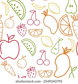 Colorful Outline sketch mixed tropical fruits seamless pattern background white vector. Vector background for packaging, printing, wallpaper, fabrics, papers. Hand-drawn watermelon. Wrapping paper.