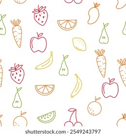 Colorful Outline sketch mixed tropical fruits seamless pattern background white vector. Vector background for packaging, printing, wallpaper, fabrics, papers. Hand-drawn watermelon. Wrapping paper.