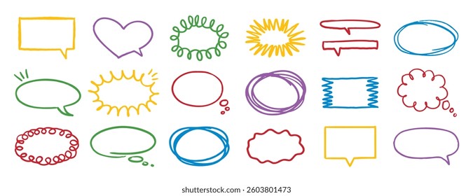 Colorful outline speech bubble set. pencil message form or clouds. Grunge style line frames. Vector illustration