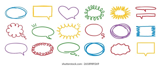 Colorful outline speech bubble set. pencil message form or clouds. Grunge style line frames. Vector illustration