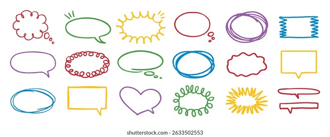Colorful outline speech bubble set. pencil message form or clouds. Grunge style line frames. Vector illustration