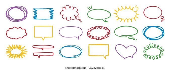 Colorful outline speech bubble set. pencil message form or clouds. Grunge style line frames. Vector illustration