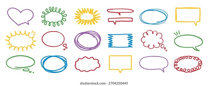 Colorful outline speech bubble set. pencil message form or clouds. Grunge style line frames. Vector illustration