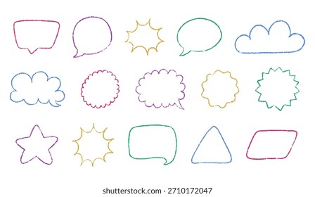 Colorful outline speech bubbles hand drawn with crayon texture. Set of communication shapes and borders with scribble grunge strokes. Vector shapes for text, childish designs, stickers, backgrounds.