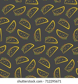 Colorful outline tasty tacos on black background seamless pattern. Cute mexican food taco texture for textile, cafe and restaurant wrapping paper, covers, banners, background, wallpaper