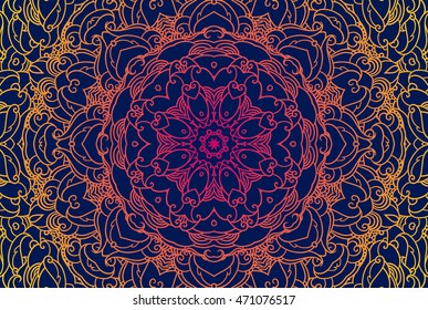 Colorful outline vector mandala. Round Ornament Pattern. Vintage decorative hand drawn background Islam Arabic Indian ottoman motif Dark blue and orange gradient texture for greeting cards invitation