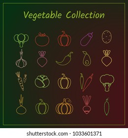Colorful outline vegetable icon set isolated on trendy background. Vector illustration with set of green, red and yellow fresh vegetables for healthy food vegeterian restaurant design or organic logo.