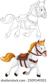 Colorful and outline versions of a cartoon horse