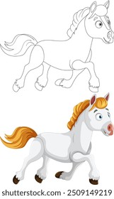 Colorful and outline versions of a cartoon horse