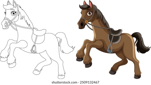 Colorful and outline versions of a horse