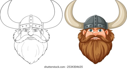 Colorful and outline Viking warrior head