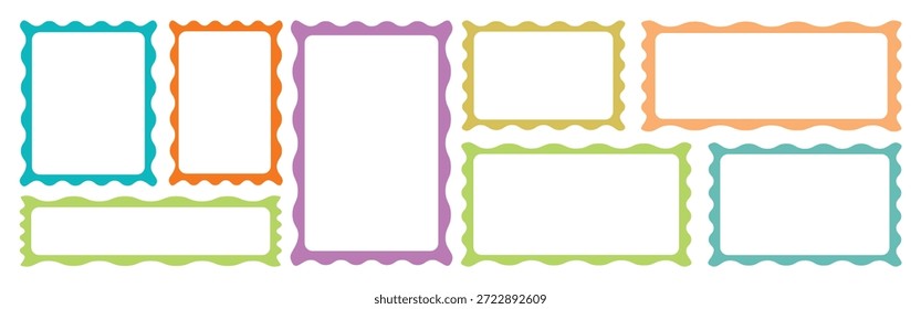 Conjunto de marcos de rectángulo en zigzag ondulado de contorno colorido. Conjunto de marcos de historias de garabatos de color. colección de bordes decorativos, marcos, diseños de marcos abstractos. 