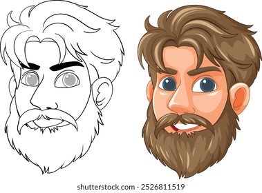 Diseño de personaje de dibujos animados con barba colorida y delineada