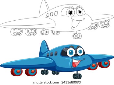 Colorful and outlined cartoon airplanes with smiling faces