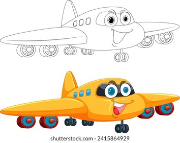 Aviones de dibujos animados coloridos y delineados con caras sonrientes