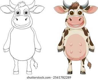 Colorful and outlined cartoon cow side by side