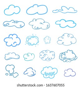 Colorful outlined cloud on isolated background. Sketchy doodles on white. Hand drawn clouds. Colored illustration. Nature concept