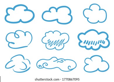 Colorful outlined cloud on isolated background. Sketchy doodles on white. Hand drawn clouds