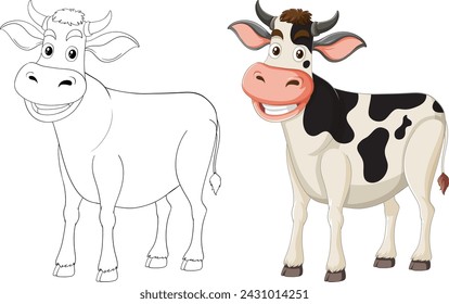 Colorful and outlined cow drawings side by side