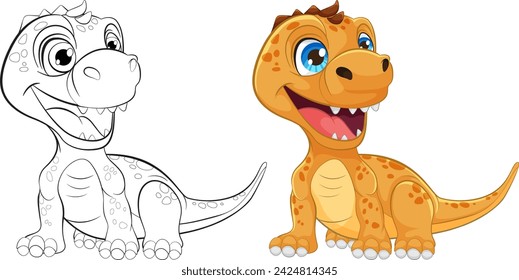 Colorful and outlined dinosaur illustrations side by side.