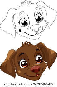 Colorful and outlined drawings of a happy puppy