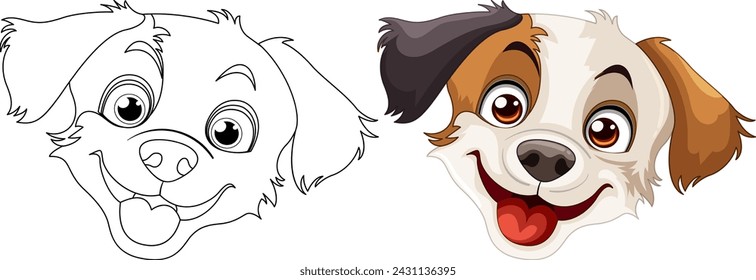 Colorful and outlined drawings of a happy puppy