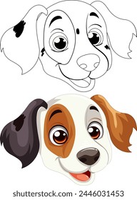 Colorful and outlined drawings of a happy puppy