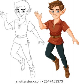 Colorful and outlined elf character with playful expression, wearing medieval attire. Ideal for fantasy themes and storytelling