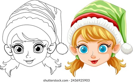 Colorful and outlined elf girl with Christmas hat.