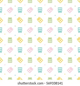 Colorful outlined gift boxes, presents and dots seamless pattern background.