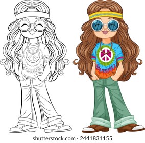 Colorful and outlined hippie girl characters