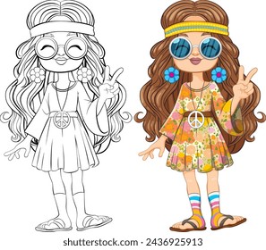 Colorful and outlined hippie girl with peace symbols.