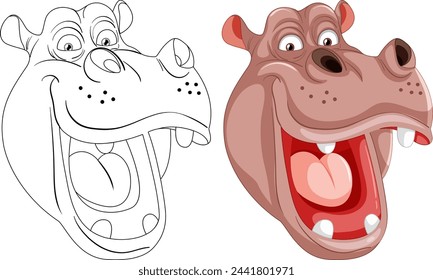 Colorful and outlined hippo with a big smile