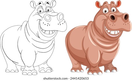 Colorful and outlined hippopotamus cartoon characters
