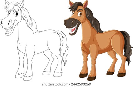 Colorful and outlined horse illustrations side by side.